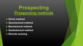 Prospecting
Prospecting methods


Direct method



Geochemical method



Biochemical method



Geobotanical method



Remote sensing

 