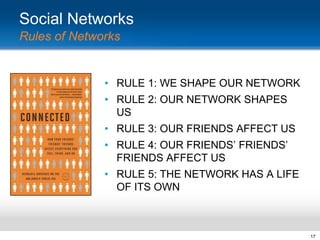 Social Networks
Rules of Networks

• RULE 1: WE SHAPE OUR NETWORK
• RULE 2: OUR NETWORK SHAPES
US
• RULE 3: OUR FRIENDS AFFECT US
• RULE 4: OUR FRIENDS‟ FRIENDS‟
FRIENDS AFFECT US
• RULE 5: THE NETWORK HAS A LIFE
OF ITS OWN

17

 