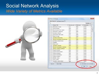 Social Network Analysis
Wide Variety of Metrics Available

4

 