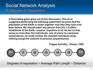 Social Network Analysis
6 Degrees of Separation
A fascinating game grew out of this discussion. One of us
suggested performing the following experiment to prove that the
population of the Earth is closer together now than they have ever
been before. We should select any person from the 1.5 billion
inhabitants of the Earth—anyone, anywhere at all. He bet us that,
using no more than five individuals, one of whom is a personal
acquaintance, he could contact the selected individual using
nothing except the network of personal acquaintances.
Frigyes Karinthy , Chains, 1929

P1

I1

I2

I3

I4

I5

P2

Degrees of separation ~ Average Path Length ~ Distance
6

 