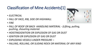 Classification of Mine Accidents[1]
• ELECTRICAL
• FALL OF FACE, RIB, SIDE OR HIGHWALL
• FIRE
• FALL OF ROOF OR BACK -HANDLING MATERIAL - (Lifting, pulling,
pushing, shoveling material.
• HOISTINGIGNITION OR EXPLOSION OF GAS OR DUST
• IGNITION OR EXPLOSION OF GAS OR DUST
• EXPLODING VESSELS UNDER PRESSURE –
• FALLING, ROLLING, OR SLIDING ROCK OR MATERIAL OF ANY KIND
 