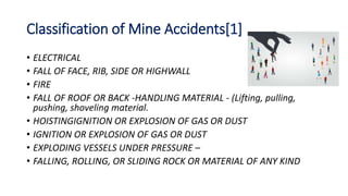 Classification of Mine Accidents[1]
• ELECTRICAL
• FALL OF FACE, RIB, SIDE OR HIGHWALL
• FIRE
• FALL OF ROOF OR BACK -HAND...