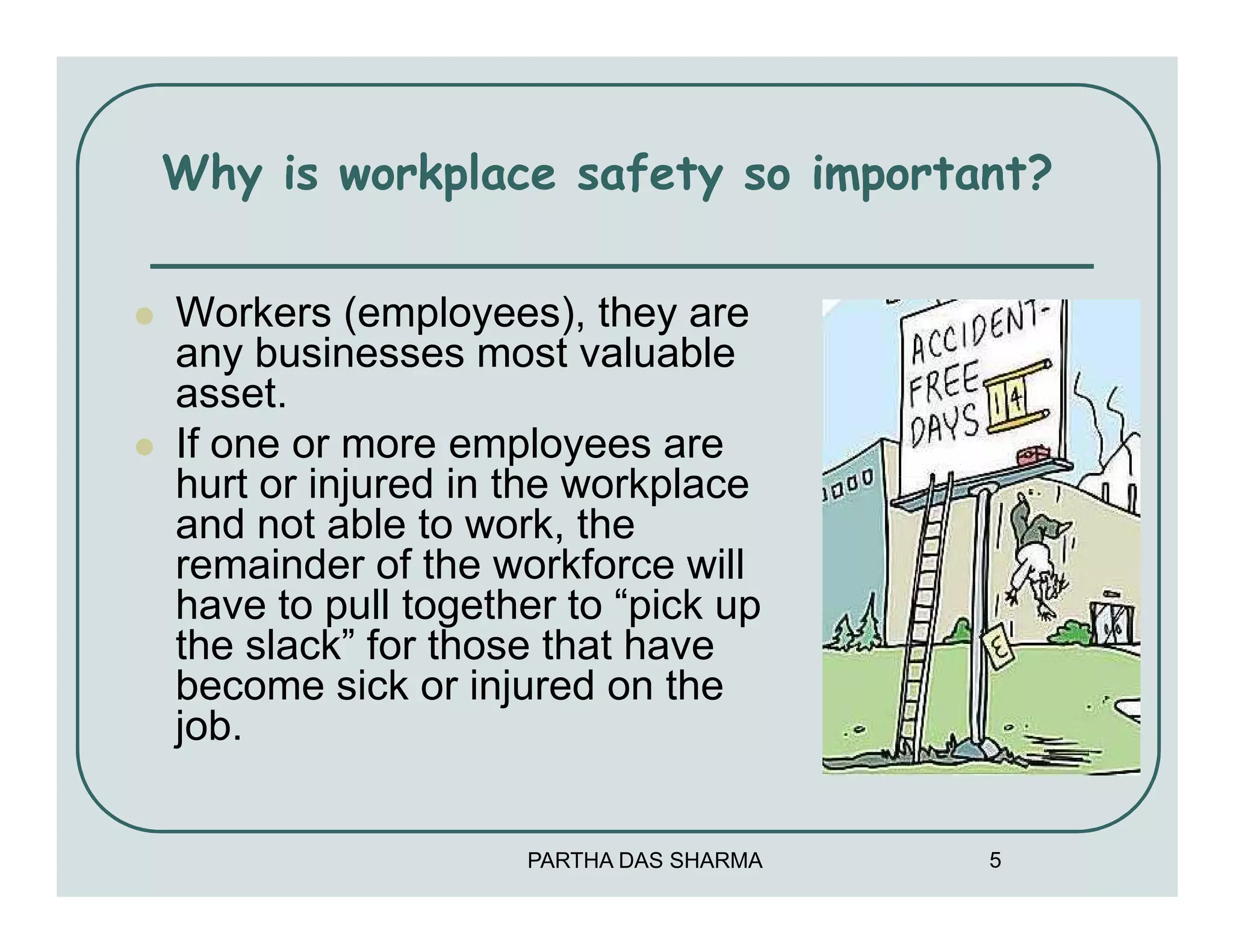 Why is workplace safety so important?

Workers (employees), they are
any businesses most valuable
asset.
If one or more employees are
hurt or injured in the workplace
and not able to work, the
remainder of the workforce will
have to pull together to “pick up
the slack” for those that have
become sick or injured on the
job.


                   PARTHA DAS SHARMA   5
 