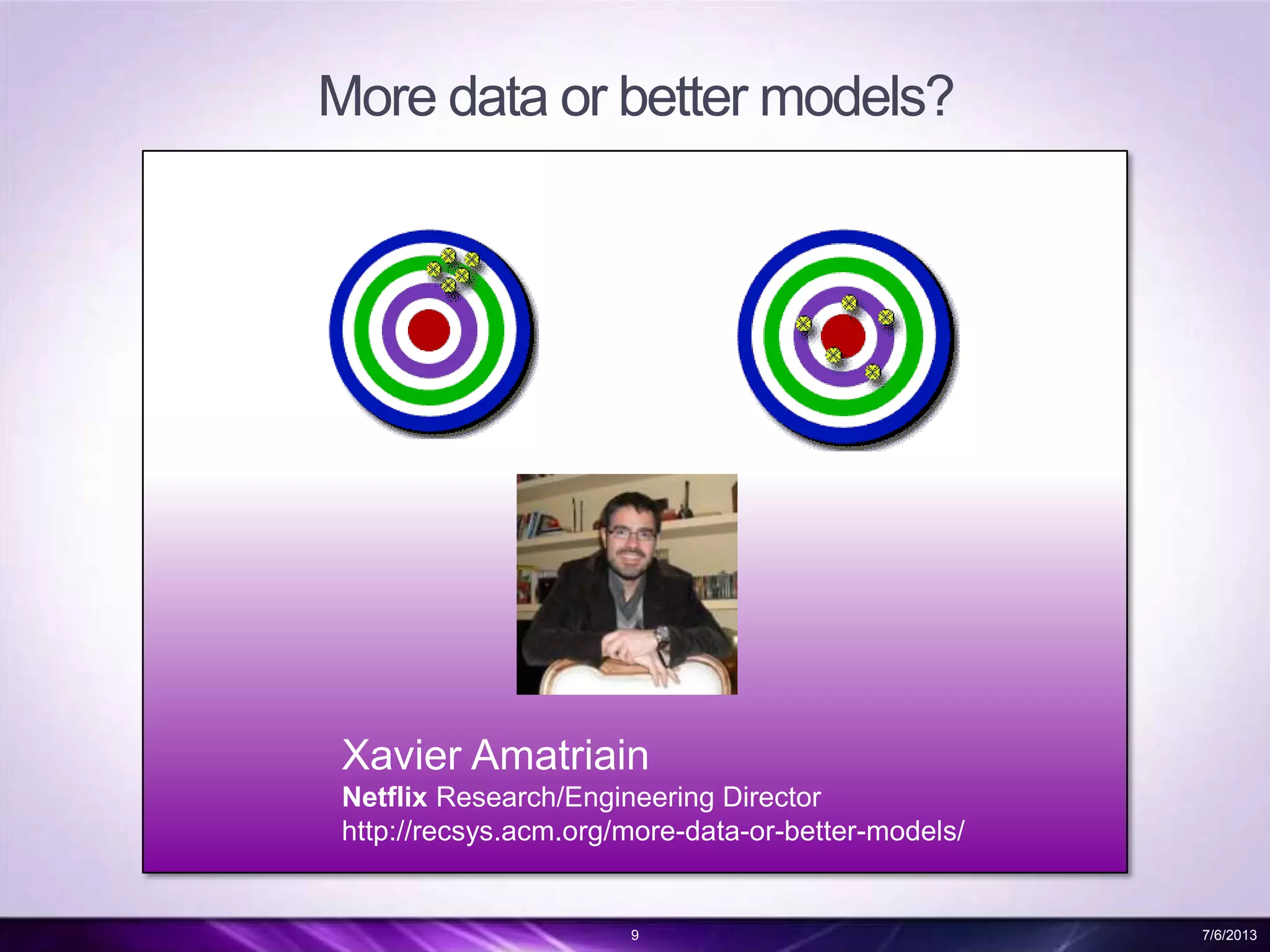 More data or better models?
9 7/6/2013
Xavier Amatriain
Netflix Research/Engineering Director
http://recsys.acm.org/more-data-or-better-models/
 