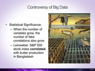 Controversy of Big Data
• Statistical Significance:
– When the number of
variables grow, the
number of fake
correlations also grow
– Leinweber: S&P 500
stock index correlated
with butter production
in Bangladesh
6 7/6/2013
 