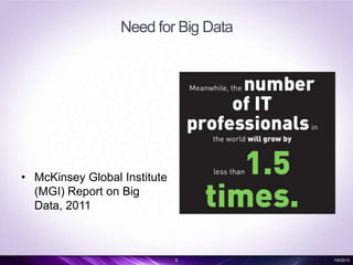 Need for Big Data
8 7/6/2013
• McKinsey Global Institute
(MGI) Report on Big
Data, 2011
 