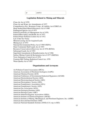 15
yr year(s)
Legislation Related to Mining and Minerals
Clean Air Act of 1970
Clean Air and Water Act Amendments of 1977
Comprehensive Env. Response Comp., & Liability Act (CERCLA)
Deep Seabed Hard Mineral Resources Act of 1980
Endangered Species Act of 1973
Federal Land Policy & Management Act of 1976
Federal Mine Safety and Health Act of 1977
Federal Water Pollution Control Act of 1972
Law of the Sea Treaty
Mineral Leasing Act for Acquired Lands
Mining Law of 1872
National Environmental Policy Act of 1969 (NEPA)
Outer Continental Shelf Lands Act of 1953
Resource Conservation & Recovery Act of 1976 (RCRA)
Submerged Lands Act of 1953
Superfund Amendments & Reauthorization Act of 1986
Surface Mining Control & Reclamation Act of 1977 (SMCRA)
Toxic Substances Control Act of 1976
Uranium Mill Tailings Radiation Control Act, 1978
Water Quality Act of 1987
Organizations and Acronyms
Air Pollution Control Association (APCA)
American Association of Petroleum Geologists (AAPG)
American Chemical Society (ACS)
American Conference of Governmental Industrial Hygienists (ACGIH)
American Electrochemical Society (AES)
American Electromechanical Society (AES)
American Electroplaters' Society (AES)
American Foundrymen's Association (AFA)
American Foundrymen's Society (AFS)
American Gas Association (AGA)
American Geological Institute (AGI)
American Heritage Center (AHC)
American Industrial Hygiene Association (AIHA)
American Institute of Chemical Engineers (AIChE)
American Institute of Mining, Metallurgical, and Petroleum Engineers, Inc. (AIME)
American Iron and Steel Institute (AISI)
American National Standards Institute (ANSI) (U.S. rep. to ISO)
 