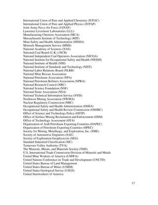 17
International Union of Pure and Applied Chemistry (IUPAC)
International Union of Pure and Applied Physics (IUPAP)
Joint Army-Navy-Air Force (JANAF)
Lawrence Livermore Laboratories (LLL)
Manufacturing Chemists Association (MCA)
Massachusetts Institute of Technology (MIT)
Mine Safety and Health Administration (MSHA)
Minerals Management Service (MMS)
National Academy of Sciences (NAS)
National Coal Board (U.K.) (NCB)
National Independent Coal Operators Association (NICOA)
National Institute for Occupational Safety and Health (NIOSH)
National Institute of Health (NIH)
National Institute of Standards and Technology (NIST)
National Labor Relations Board (NLRB)
National Mine Rescue Association
National Petroleum Association (NPA)
National Petroleum Refiners Association (NPRA)
National Research Council (NRC)
National Science Foundation (NSF)
National Stone Association (NSA)
National Technical Information Service (NTIS)
Northwest Mining Association (NWMA)
Nuclear Regulatory Commission (NRC)
Occupational Safety and Health Administration (OSHA)
Occupational Safety and Health Review Commission (OSHRC)
Office of Science and Technology Policy (OSTP)
Office of Surface Mining Reclamation and Enforcement (OSM)
Office of Technology Assessment (OTA)
Organization of Arab Petroleum Exporting Countries (OAPEC)
Organization of Petroleum Exporting Countries (OPEC)
Society for Mining, Metallurgy, and Exploration, Inc. (SME)
Society of Automotive Engineers (SAE)
Society of Exploration Geophysicists (SEG)
Standard Industrial Classification (SIC)
Tennessee Valley Authority (TVA)
The Minerals, Metals, and Materials Society (TMS)
U.S. International Trade Commission Division of Minerals and Metals
United Mine Workers of America (UMWA)
United Nations Conference on Trade and Development (UNCTD)
United States Bureau of Land Management
United States Bureau of Mines (USBM)
United States Geological Survey (USGS)
United Steelworkers of America
 