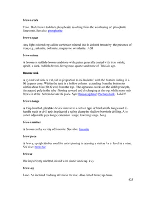 425
brown rock
Tenn. Dark brown to black phosphorite resulting from the weathering of phosphatic
limestone. See also: phosphorite
brown spar
Any light-colored crystalline carbonate mineral that is colored brown by the presence of
iron; e.g., ankerite, dolomite, magnesite, or siderite. AGI
brownstone
A brown or reddish-brown sandstone with grains generally coated with iron oxide;
specif. a dark, reddish-brown, ferruginous quartz sandstone of Triassic age.
Brown tank
A cylindrical tank or vat, tall in proportion to its diameter, with the bottom ending in a
60 degrees cone. Within the tank is a hollow column extending from the bottom to
within about 8 in (20.32 cm) from the top. The apparatus works on the airlift principle,
the aerated pulp in the tube flowing upward and discharging at the top, while more pulp
flows in at the bottom to take its place. Syn: Brown agitator; Pachuca tank. Liddell
brown tongs
A long-handled, plierlike device similar to a certain type of blacksmith tongs used to
handle wash or drill rods in place of a safety clamp in shallow borehole drilling. Also
called adjustable pipe tongs; extension tongs; lowering tongs. Long
brown umber
A brown earthy variety of limonite. See also: limonite
browpiece
A heavy, upright timber used for underpinning in opening a station for a level in a mine.
See also: brow bar
browse
Ore imperfectly smelted, mixed with cinder and clay. Fay
brow-up
Lanc. An inclined roadway driven to the rise. Also called brow; up-brow.
 