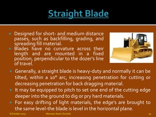  Designed for short- and medium distance
passes, such as backfilling, grading, and
spreading fill material.
 Blades have no curvature across their
length and are mounted in a fixed
position, perpendicular to the dozer's line
of travel.
8 October 2013 Mansoor Azam Qureshi 19
 Generally, a straight blade is heavy-duty and normally it can be
tilted, within a 10° arc, increasing penetration for cutting or
decreasing penetration for back dragging material.
 It may be equipped to pitch to set one end of the cutting edge
deeper into the ground to dig or pry hard materials.
 For easy drifting of light materials, the edge's are brought to
the same level-the blade is level in the horizontal plane.
 