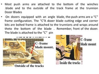 • Most push arms are attached to the bottom of the winches
.blade and to the outside of the track frame at the trunnion
Dozer Blades
• On dozers equipped with an angle blade, the-push arms are a “C”
frame configuration. The “C”A dozer blade cutting edge and corner
bits are bolted frame is attached to the trunnions and wraps around
theto the bottom of the blade . Remember, front of the dozer.
The blade is attached to the “C” pin
 