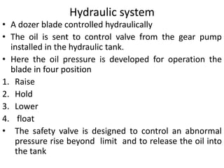 Hydraulic system
• A dozer blade controlled hydraulically
• The oil is sent to control valve from the gear pump
installed in the hydraulic tank.
• Here the oil pressure is developed for operation the
blade in four position
1. Raise
2. Hold
3. Lower
4. float
• The safety valve is designed to control an abnormal
pressure rise beyond limit and to release the oil into
the tank
 