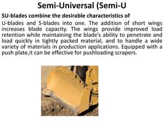 Semi-Universal (Semi-U
SU-blades combine the desirable characteristics of
U-blades and S-blades into one. The addition of short wings
increases blade capacity. The wings provide improved load
retention while maintaining the blade’s ability to penetrate and
load quickly in tightly packed material, and to handle a wide
variety of materials in production applications. Equipped with a
push plate,it can be effective for pushloading scrapers.
 