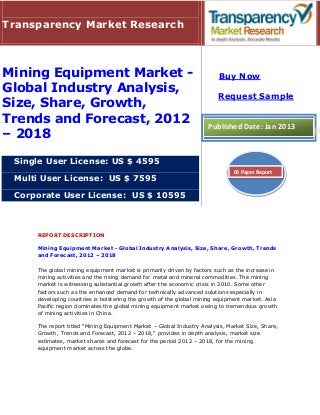 Transparency Market Research



Mining Equipment Market -                                               Buy Now
Global Industry Analysis,
                                                                        Request Sample
Size, Share, Growth,
Trends and Forecast, 2012                                           Published Date: Jan 2013
– 2018

 Single User License: US $ 4595
                                                                              66 Pages Report
 Multi User License: US $ 7595

 Corporate User License: US $ 10595



     REPORT DESCRIPTION

     Mining Equipment Market - Global Industry Analysis, Size, Share, Growth, Trends
     and Forecast, 2012 – 2018

     The global mining equipment market is primarily driven by factors such as the increase in
     mining activities and the rising demand for metal and mineral commodities. The mining
     market is witnessing substantial growth after the economic crisis in 2010. Some other
     factors such as the enhanced demand for technically advanced solutions especially in
     developing countries is bolstering the growth of the global mining equipment market. Asia
     Pacific region dominates the global mining equipment market owing to tremendous growth
     of mining activities in China.

     The report titled “Mining Equipment Market – Global Industry Analysis, Market Size, Share,
     Growth, Trends and Forecast, 2012 – 2018,” provides in depth analysis, market size
     estimates, market shares and forecast for the period 2012 – 2018, for the mining
     equipment market across the globe.
 
