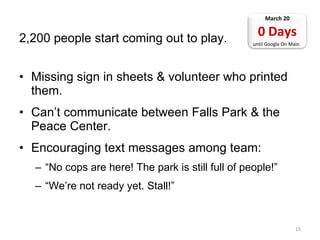 Aaron orders his first helicopter (little nervous that Visa fraud alert didn’t call about this - or the 2,200 glow sticks for that matter).  He also releases the Google On Main “Instructional Video”.  Arrange for the video and photography Identify and train the volunteers March 18 2 Days until Google On Main ! 