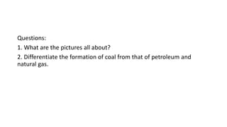 Questions:
1. What are the pictures all about?
2. Differentiate the formation of coal from that of petroleum and
natural gas.
 