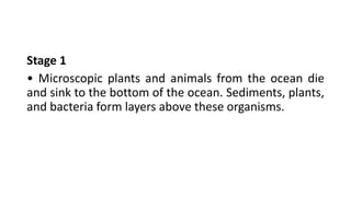 Stage 1
• Microscopic plants and animals from the ocean die
and sink to the bottom of the ocean. Sediments, plants,
and bacteria form layers above these organisms.
 