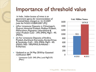 Importance of threshold value
In India , Indian bureau of mines is an
government agency for recommendation of
ThresholdValue changed on 16.10.2009
[vide NoT-45031/CGBM/2007 (PF)]
 (i)For Limestone Deposits in Chhattisgarh,
Gujarat, Himachal Pradesh, Madhya Pradesh,
Maharashtra, Rajasthan, Uttarakhand &
Uttar Pradesh: CaO - 34% (MIN), MgO - 4%
(MAX),
 (ii) For Limestone Deposits of Andhra
Pradesh, Jharkhand, Karnataka, Kerala,Orissa
&Tamilnadu: CaO - 35% (MIN), MgO - 4%
(MAX), Si02- 18%(MAX) & Alkalies -
0.5%(max)
 Updated as on 24 May 2018 by Gazatted
notification IBM
◦ Limestone CaO- 34% (Min.) and MgO-5%
(Max.)
17-Aug-2018 | 13Mrinmoy Chakraborty
 
