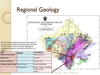 Regional Geology
17-Aug-2018 | 14
Age Groups Formations
Recent to sub-recent Alluvium & Soil
Pliestocene Laterite
Upper cretaceous Deccan trap
Vindhyan Super Group Kaimur Group Kaimur Sandstone
Khorip Group Suket Shales Nimbhera
Limestone Bari
Shales
Dr.A.M. Heron classified the limestone formations of
the area under Nimbahera limestone belt, equivalent
to Semri series of lowerVindhyans.The regional
stratigraphic sequence according to Dr. Heron is as
follows:
Mrinmoy Chakraborty
 