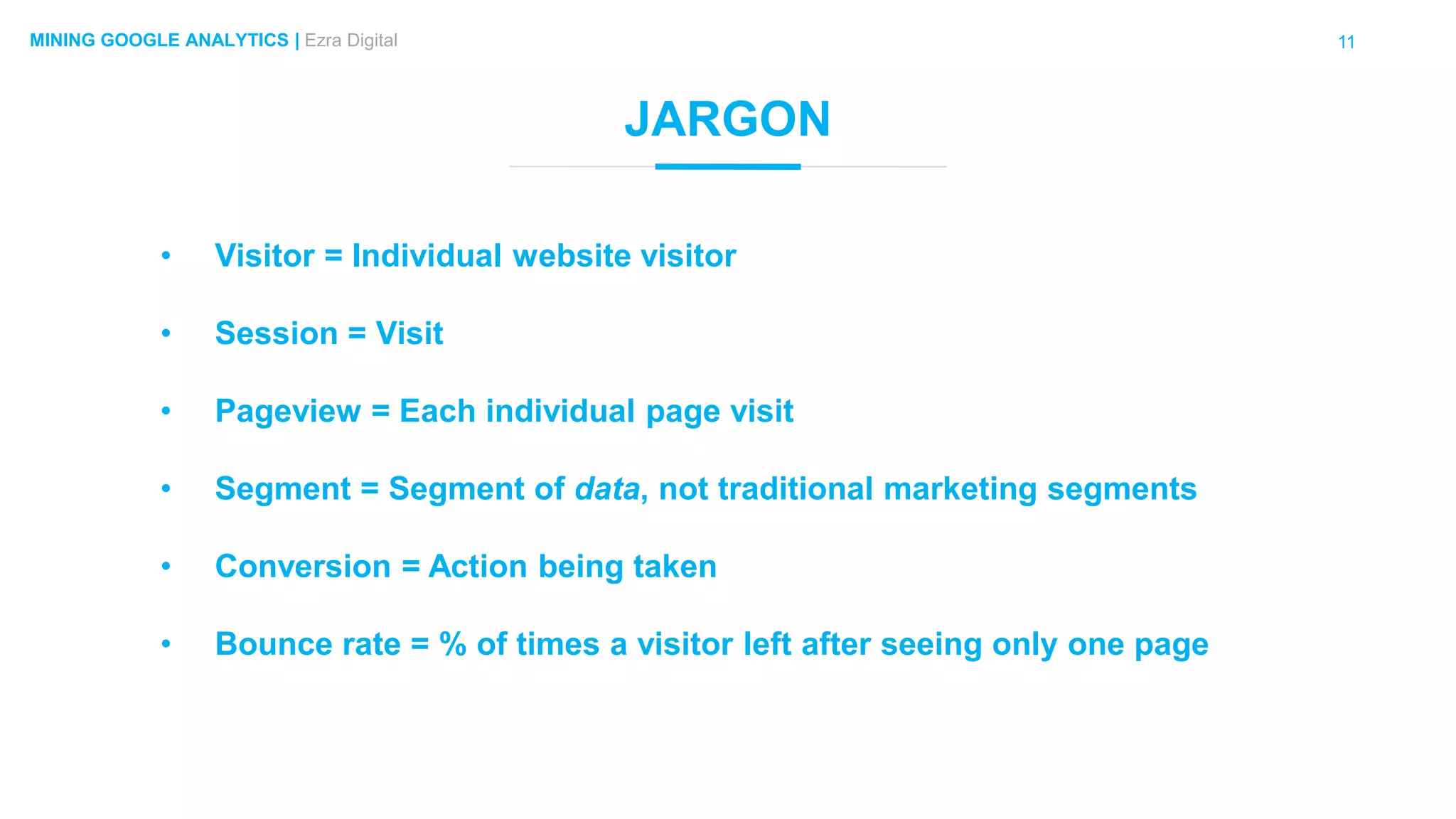 11MINING GOOGLE ANALYTICS | Ezra Digital
JARGON
• Visitor = Individual website visitor
• Session = Visit
• Pageview = Each individual page visit
• Segment = Segment of data, not traditional marketing segments
• Conversion = Action being taken
• Bounce rate = % of times a visitor left after seeing only one page
 