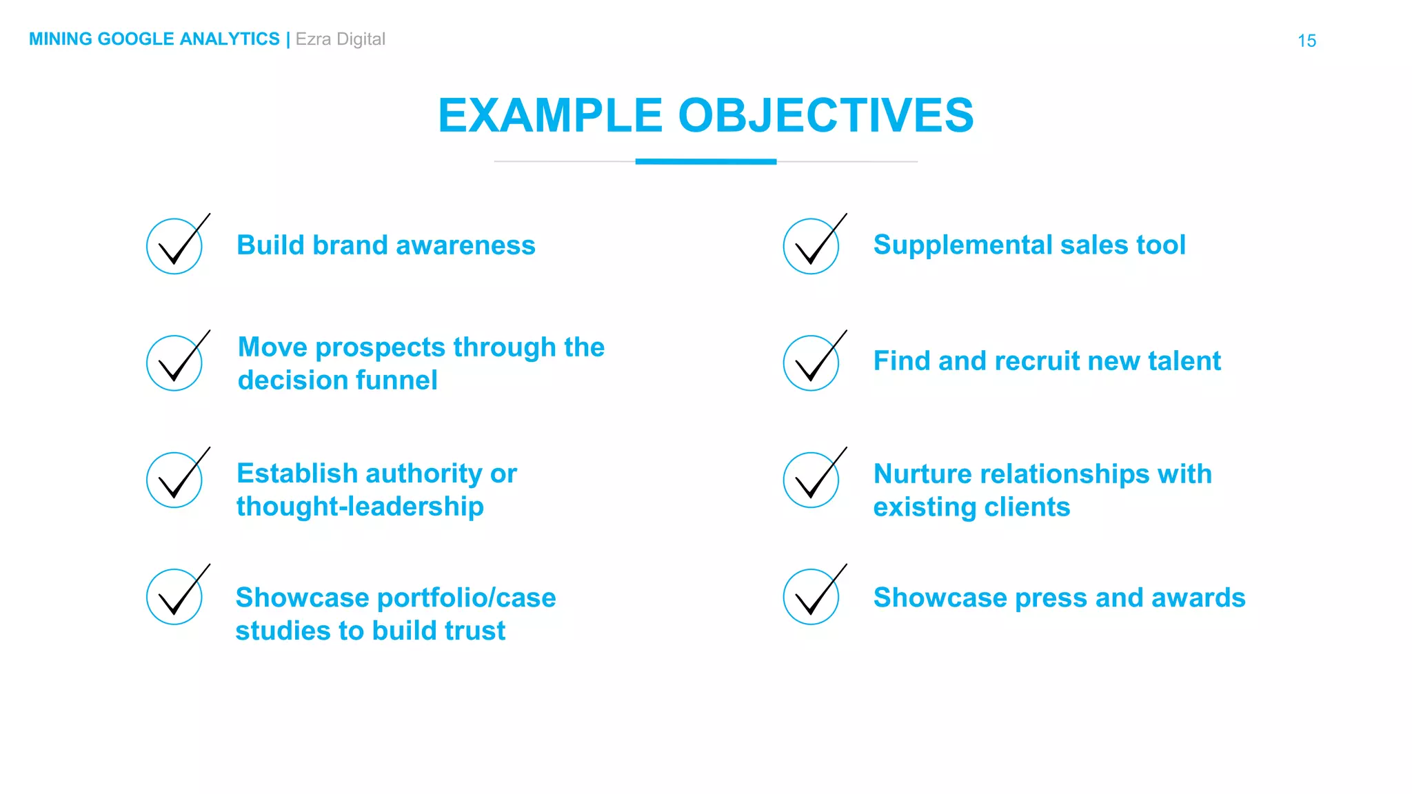 15MINING GOOGLE ANALYTICS | Ezra Digital
EXAMPLE OBJECTIVES
Build brand awareness
Showcase portfolio/case
studies to build trust
Move prospects through the
decision funnel
Establish authority or
thought-leadership
Supplemental sales tool
Showcase press and awards
Find and recruit new talent
Nurture relationships with
existing clients
 