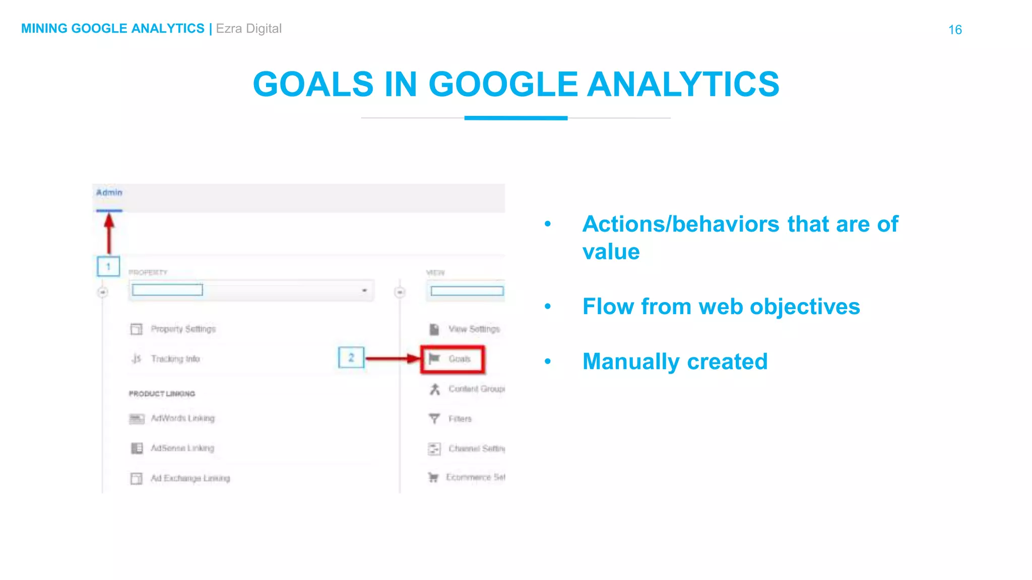 16MINING GOOGLE ANALYTICS | Ezra Digital
GOALS IN GOOGLE ANALYTICS
• Actions/behaviors that are of
value
• Flow from web objectives
• Manually created
 