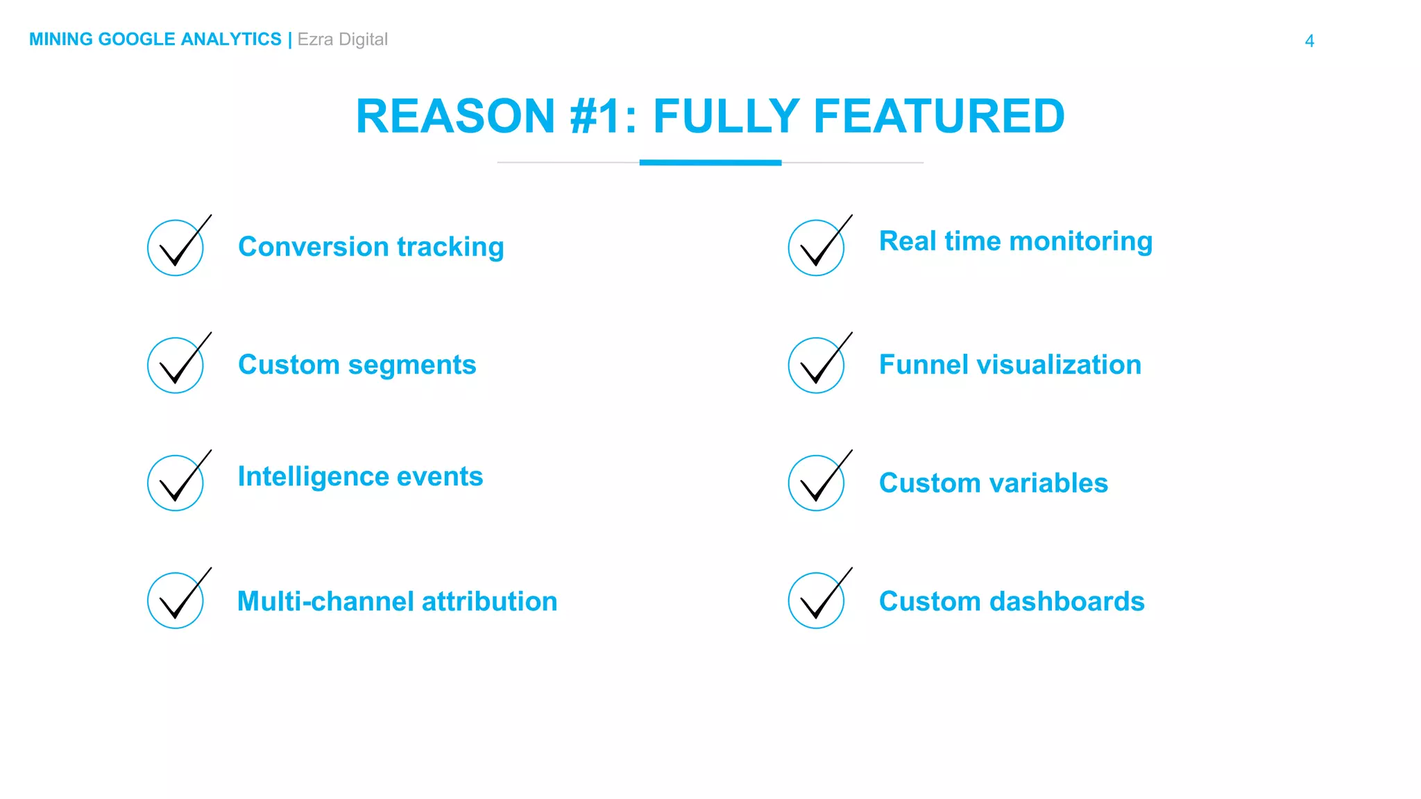 4MINING GOOGLE ANALYTICS | Ezra Digital
REASON #1: FULLY FEATURED
Conversion tracking
Multi-channel attribution
Custom segments
Intelligence events
Real time monitoring
Custom dashboards
Funnel visualization
Custom variables
 