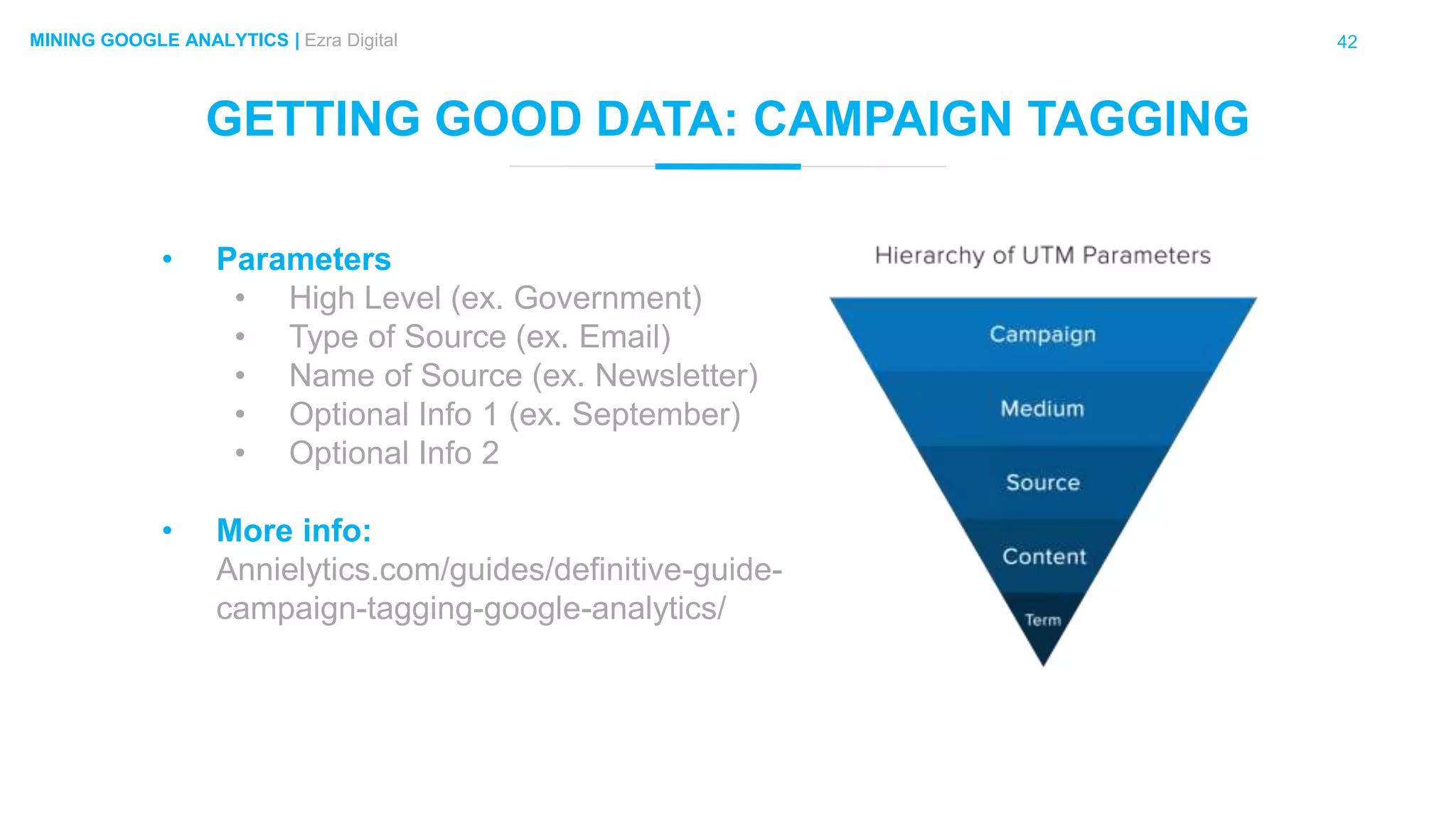 42MINING GOOGLE ANALYTICS | Ezra Digital
GETTING GOOD DATA: CAMPAIGN TAGGING
• Parameters
• High Level (ex. Government)
• Type of Source (ex. Email)
• Name of Source (ex. Newsletter)
• Optional Info 1 (ex. September)
• Optional Info 2
• More info:
Annielytics.com/guides/definitive-guide-
campaign-tagging-google-analytics/
 
