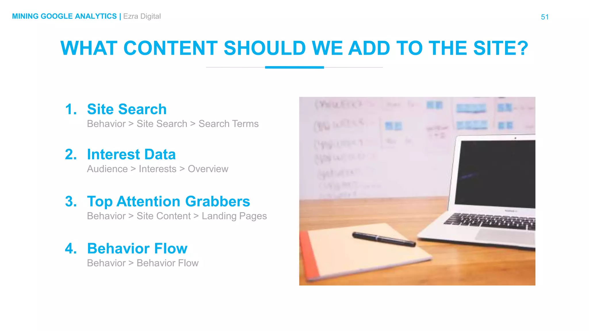 51MINING GOOGLE ANALYTICS | Ezra Digital
WHAT CONTENT SHOULD WE ADD TO THE SITE?
1. Site Search
Behavior > Site Search > Search Terms
2. Interest Data
Audience > Interests > Overview
3. Top Attention Grabbers
Behavior > Site Content > Landing Pages
4. Behavior Flow
Behavior > Behavior Flow
 