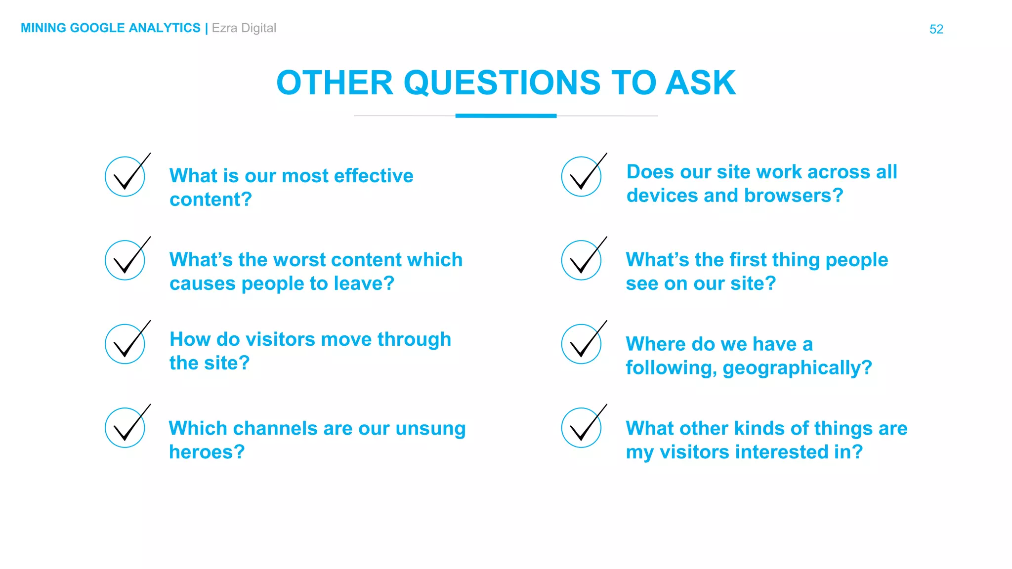 52MINING GOOGLE ANALYTICS | Ezra Digital
OTHER QUESTIONS TO ASK
What is our most effective
content?
Which channels are our unsung
heroes?
What’s the worst content which
causes people to leave?
How do visitors move through
the site?
Does our site work across all
devices and browsers?
What other kinds of things are
my visitors interested in?
What’s the first thing people
see on our site?
Where do we have a
following, geographically?
 