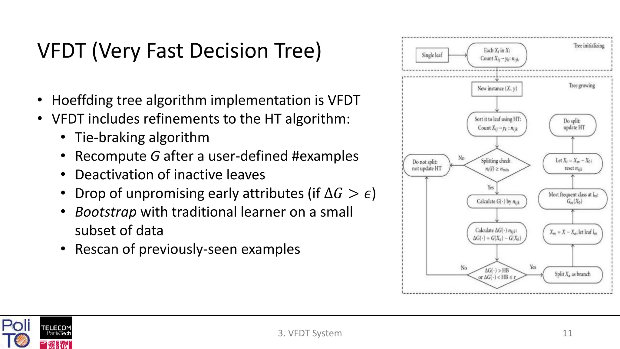 113. VFDT System
VFDT (Very Fast Decision Tree)
• Hoeffding tree algorithm implementation is VFDT
• VFDT includes refinements to the HT algorithm:
• Tie-braking algorithm
• Recompute G after a user-defined #examples
• Deactivation of inactive leaves
• Drop of unpromising early attributes (if ∆𝐺 > 𝜖)
• Bootstrap with traditional learner on a small
subset of data
• Rescan of previously-seen examples
 