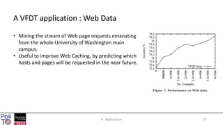 134. Application
A VFDT application : Web Data
• Mining the stream of Web page requests emanating
from the whole University of Washington main
campus.
• Useful to improve Web Caching, by predicting which
hosts and pages will be requested in the near future.
 