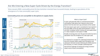 Page: 3 | Mining in the Energy Transition Private and Confidential
Since January 2020, commodity prices for key transition minerals have increased sharply, leading to speculation of the
emergence of a new commodity super cycle;
Are We Entering a New Super Cycle Driven by the Energy Transition?
0%
200%
400%
600%
800%
Jan
2000
=
100%
Copper
Nickel
Zinc
Commodity prices are susceptible to disruptions in supply chains
Jan 2021 = 100
Sources: Indexmundi
What is a Super Cycle?
A super cycle generally refers to sustained period where
commodities trade above their long-term price trend,
distinct from the short-term ups and downs of the market.
The most recent super cycle is considered to have started in
the early 2000s, driven by rapid industrialisation in China
and other emerging markets, lasting until oversupply kicked
in in 2014, despite an interruption in 2008.
Broadly increasing prices over the past 18 months has led to
speculation over the emergence of a new super cycle.
So What?
It is important to consider the underlying fundamentals. Do
the price increases reflect supply chain disruptions and
subsequent demand recovery following the COVID shock to
the economy, or is there a broader underlying tend?
How will the challenge of meeting the energy transition
impact some of these commodities?
0%
200%
400%
600%
800%
1000%
1200%
Jan
2000
=
100%
Iron Ore
Aluminium
Rock Phosphate
0%
200%
400%
600%
800%
2000
2001
2002
2003
2004
2005
2006
2007
2008
2009
2010
2011
2012
2013
2014
2015
2016
2017
2018
2019
2020
2021
Jan
2000
=
100%
Australian
Thermal Coal
Brent Crude Oil
Natural Gas -
Russian Exports
Natural Gas -
Henry Hub
Transition
Metals
Energy
Commodities
Other
Commodities
Previous Cycle Emerging
Cycle?
 