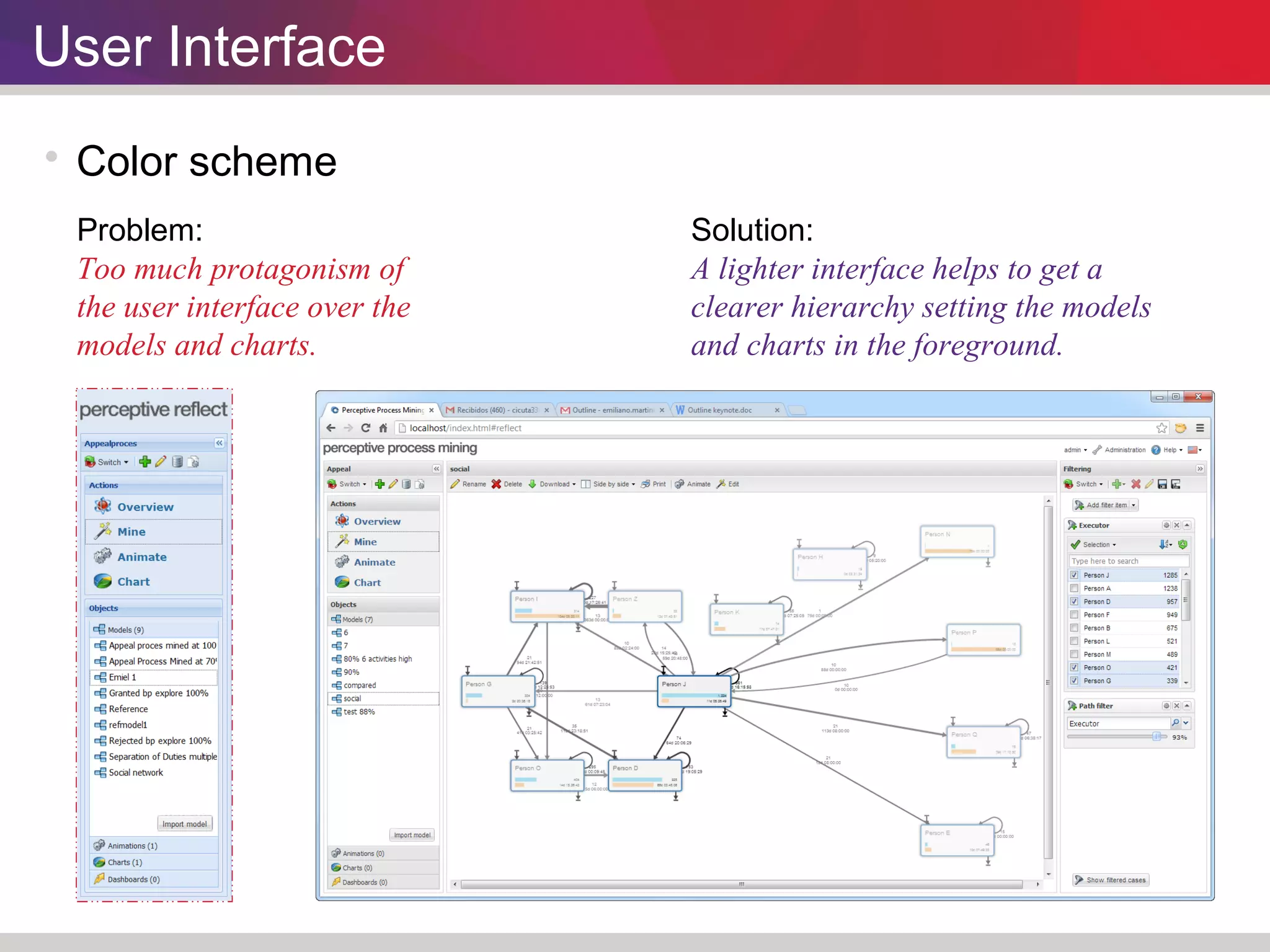 User Interface 
 Color scheme 
Problem: 
Too much protagonism of 
the user interface over the 
models and charts. 
Solution: 
A lighter interface helps to get a 
clearer hierarchy setting the models 
and charts in the foreground. 
 