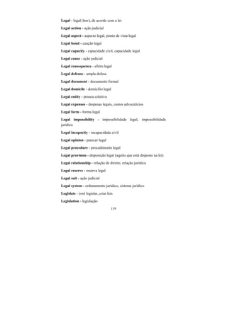 139
Legal - legal (law), de acordo com a lei
Legal action - ação judicial
Legal aspect - aspecto legal, ponto de vista legal
Legal bond - caução legal
Legal capacity - capacidade civil, capacidade legal
Legal cause - ação judicial
Legal consequence - efeito legal
Legal defense - ampla defesa
Legal document - documento formal
Legal domicile - domicílio legal
Legal entity - pessoa coletiva
Legal expenses - despesas legais, custos advocatícios
Legal form - forma legal
Legal impossibility - impossibilidade legal, impossibilidade
jurídica
Legal incapacity - incapacidade civil
Legal opinion - parecer legal
Legal procedure - procedimento legal
Legal provision - disposição legal (aquilo que está disposto na lei)
Legal relationship - relação de direito, relação jurídica
Legal reserve - reserva legal
Legal suit - ação judicial
Legal system - ordenamento jurídico, sistema jurídico
Legislate - (on) legislar, criar leis
Legislation - legislação
 