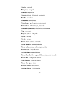 144
Mandate - mandado
Manganese - manganês
Mangrove - manguezal
Mangrove forests - florestas de manguezais
Manifest - manifestar
Manifestant - manifestante
Manual auger - perfuração com trado manual
Manufacture - industrialização, fabricação
Manufacturing engineer - engenheiro de ferramenta
Map - zoneamento
Mapping service - cartografia
Marble - mármore
Margin - margem
Marine lands - terrenos de marinha
Marine resources - recursos marinhos
Marine sedimentation - sedimentação marinha
Maritime law - Direito Marítimo
Maritime space - espaço marítimo
Market share liability - responsabilidade por parcela de mercado
Masory dam - barragem de alvenaria
Mass of mineral - corpo de minério
Master plan - plano diretor
Material damage - dano material
Material evidence - prova material
 