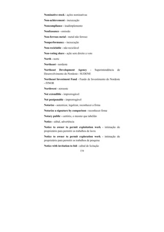 154
Nominative stock - ações nominativas
Non-achievement - inexecução
Noncompliance - inadimplemento
Nonfeasance - omissão
Non-ferrous metal - metal não ferroso
Nonperformance - inexecução
Non-reciclable - não reciclável
Non-voting share - ação sem direito a voto
North - norte
Northeast - nordeste
Northeast Development Agency - Superintendência de
Desenvolvimento do Nordeste - SUDENE
Northeast Investment Fund - Fundo de Investimento do Nordeste
- FINOR
Northwest - noroeste
Not extendible - improrrogável
Not postponable - improrrogável
Notarize - autenticar, legalizar, reconhecer a firma
Notarize a signature by comparison - reconhecer firma
Notary public - cartório, o mesmo que tabelião
Notice - edital, advertência
Notice to owner to permit exploitation work - intimação do
proprietário para permitir os trabalhos de lavra
Notice to owner to permit exploration work - intimação do
proprietário para permitir os trabalhos de pesquisa
Notice with invitation to bid - edital de licitação
 