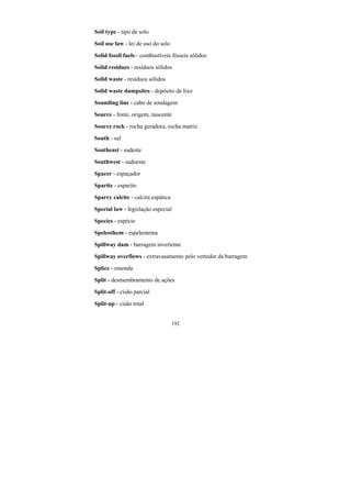 192
Soil type - tipo de solo
Soil use law - lei de uso do solo
Solid fossil fuels - combustíveis fósseis sólidos
Solid residues - resíduos sólidos
Solid waste - resíduos sólidos
Solid waste dumpsites - depósito de lixo
Sounding line - cabo de sondagem
Source - fonte, origem, nascente
Source rock - rocha geradora, rocha matriz
South - sul
Southeast - sudeste
Southwest - sudoeste
Spacer - espaçador
Sparite - esparito
Sparry calcite - calcita espática
Special law - legislação especial
Species - espécie
Speleothem - espeleotema
Spillway dam - barragem invertente
Spillway overflows - extravasamento pelo vertedor da barragem
Splice - emenda
Split - desmembramento de ações
Split-off - cisão parcial
Split-up - cisão total
 