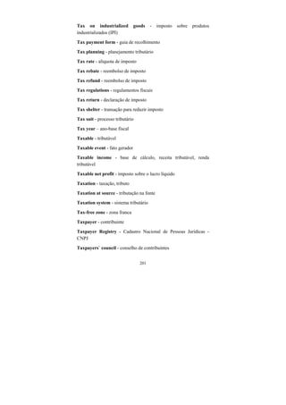 201
Tax on industrialized goods - imposto sobre produtos
industrializados (IPI)
Tax payment form - guia de recolhimento
Tax planning - planejamento tributário
Tax rate - alíquota de imposto
Tax rebate - reembolso de imposto
Tax refund - reembolso de imposto
Tax regulations - regulamentos fiscais
Tax return - declaração de imposto
Tax shelter - transação para reduzir imposto
Tax suit - processo tributário
Tax year – ano-base fiscal
Taxable - tributável
Taxable event - fato gerador
Taxable income - base de cálculo, receita tributável, renda
tributável
Taxable net profit - imposto sobre o lucro líquido
Taxation - taxação, tributo
Taxation at source - tributação na fonte
Taxation system - sistema tributário
Tax-free zone - zona franca
Taxpayer - contribuinte
Taxpayer Registry - Cadastro Nacional de Pessoas Jurídicas -
CNPJ
Taxpayers` council - conselho de contribuintes
 