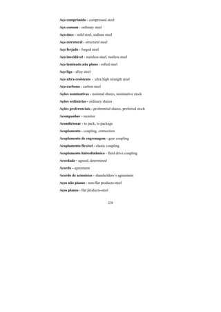228
Aço comprimido - compressed steel
Aço comum - ordinary steel
Aço doce - mild steel, sodium steel
Aço estrutural - structural steel
Aço forjado - forged steel
Aço inoxidável - stainless steel, rustless steel
Aço laminado não plano - rolled steel
Aço liga - alloy steel
Aço ultra-resistente - ultra high strength steel
Aço-carbono - carbon steel
Ações nominativas - nominal shares, nominative stock
Ações ordinárias - ordinary shares
Ações preferenciais - preferential shares, preferred stock
Acompanhar - monitor
Acondicionar - to pack, to package
Acoplamento - coupling, connection
Acoplamento de engrenagem - gear coupling
Acoplamento flexível - elastic coupling
Acoplamento hidrodinâmico - fluid drive coupling
Acordado - agreed, determined
Acordo - agreement
Acordo de acionistas - shareholders’s agreement
Aços não planos - non-flat products-steel
Aços planos - flat products-steel
 