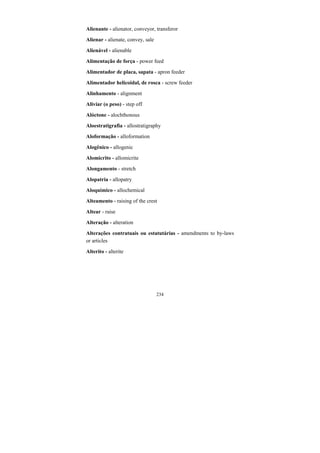 234
Alienante - alienator, conveyor, transferor
Alienar - alienate, convey, sale
Alienável - alienable
Alimentação de força - power feed
Alimentador de placa, sapata - apron feeder
Alimentador helicoidal, de rosca - screw feeder
Alinhamento - alignment
Aliviar (o peso) - step off
Alóctone - alochthonous
Aloestratigrafia - allostratigraphy
Aloformação - alloformation
Alogênico - allogenic
Alomicrito - allomicrite
Alongamento - stretch
Alopatria - allopatry
Aloquímico - allochemical
Alteamento - raising of the crest
Altear - raise
Alteração - alteration
Alterações contratuais ou estatutárias - amendments to by-laws
or articles
Alterito - alterite
 