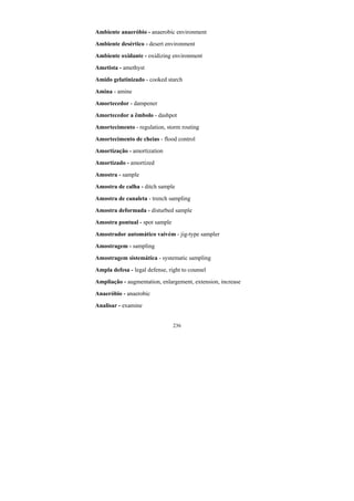 236
Ambiente anaeróbio - anaerobic environment
Ambiente desértico - desert environment
Ambiente oxidante - oxidizing environment
Ametista - amethyst
Amido gelatinizado - cooked starch
Amina - amine
Amortecedor - dampener
Amortecedor a êmbolo - dashpot
Amortecimento - regulation, storm routing
Amortecimento de cheias - flood control
Amortização - amortization
Amortizado - amortized
Amostra - sample
Amostra de calha - ditch sample
Amostra de canaleta - trench sampling
Amostra deformada - disturbed sample
Amostra pontual - spot sample
Amostrador automático vaivém - jig-type sampler
Amostragem - sampling
Amostragem sistemática - systematic sampling
Ampla defesa - legal defense, right to counsel
Ampliação - augmentation, enlargement, extension, increase
Anaeróbio - anaerobic
Analisar - examine
 