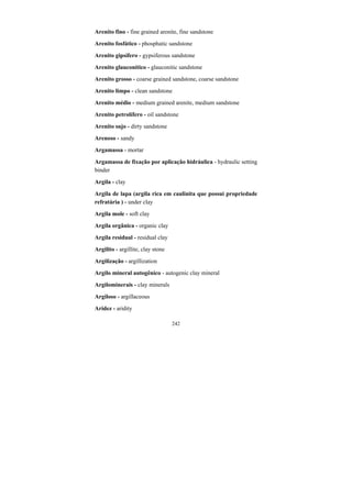 242
Arenito fino - fine grained arenite, fine sandstone
Arenito fosfático - phosphatic sandstone
Arenito gipsífero - gypsiferous sandstone
Arenito glauconítico - glauconitic sandstone
Arenito grosso - coarse grained sandstone, coarse sandstone
Arenito limpo - clean sandstone
Arenito médio - medium grained arenite, medium sandstone
Arenito petrolífero - oil sandstone
Arenito sujo - dirty sandstone
Arenoso - sandy
Argamassa - mortar
Argamassa de fixação por aplicação hidráulica - hydraulic setting
binder
Argila - clay
Argila de lapa (argila rica em caulinita que possui propriedade
refratária ) - under clay
Argila mole - soft clay
Argila orgânica - organic clay
Argila residual - residual clay
Argilito - argillite, clay stone
Argilização - argillization
Argilo mineral autogênico - autogenic clay mineral
Argilominerais - clay minerals
Argiloso - argillaceous
Aridez - aridity
 