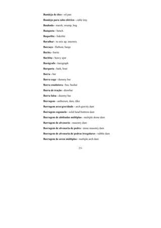 251
Bandeja de óleo - oil pan
Bandeja para cabo elétrico - cable tray
Banhado - marsh, swamp, bog
Banqueta - bench
Baquelita - bakelite
Baralhar - to mix up, intermix
Barcaça - flatboat, barge
Barita - barite
Baritita - heavy spar
Barógrafo - barograph
Barqueta - bark, boat
Barra - bar
Barra cega - dummy bar
Barra condutora - bus, busbar
Barra de tração - drawbar
Barra falsa - dummy bar
Barragem - ambursen, dam, dike
Barragem arco-gravidade - arch-gravity dam
Barragem cogumelo - solid head buttress dam
Barragem de abóbadas múltiplas - multiple dome dam
Barragem de alvenaria - masonry dam
Barragem de alvenaria de pedra - stone masonry dam
Barragem de alvenaria de pedras irregulares - rubble dam
Barragem de arcos múltiplos - multiple arch dam
 