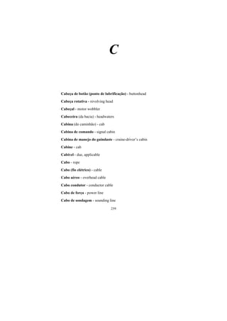 259
C
Cabeça de botão (ponto de lubrificação) - buttonhead
Cabeça rotativa - revolving head
Cabeçal - motor wobbler
Cabeceira (da bacia) - headwaters
Cabina (do caminhão) - cab
Cabina de comando - signal cabin
Cabina de manejo do guindaste - craine-driver’s cabin
Cabine - cab
Cabível - due, applicable
Cabo - rope
Cabo (fio elétrico) - cable
Cabo aéreo - overhead cable
Cabo condutor - conductor cable
Cabo de força - power line
Cabo de sondagem - sounding line
 