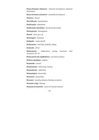 295
Desenvolvimento Industrial - Industrial development, Industrial
performance
Desenvolvimento sustentável - sustainable development
Desértico - desertic
Desertificação - desertification
Desidratação - dehydration
Desidratação (biosólidos) - dewatering (biosolids)
Desintegração - disintegration
Desistir - desist, give up
Deslamagem - desliming
Desligador - runner shutoff
Deslizamento - mud slide, landslide, sliding
Deslocado - off-set
Deslocamento - displacement, training, movement, earth
movement, off - set
Deslocamento (da empilhadeira) - movement (stacker)
Deslocar (desalojar) - displace
Desmatada - cleared
Desmatamento - deforesting, clearing
Desmembrado - subdivided
Desmontagem - disassembly
Desmontar - disassemble
Desmonte - mucking operation, blasting, excavation
Desmonte a fogo - blasting
Desmonte de materiais - removal of natural materials
 