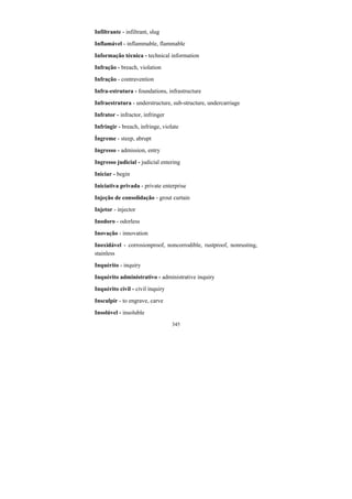 345
Infiltrante - infiltrant, slug
Inflamável - inflammable, flammable
Informação técnica - technical information
Infração - breach, violation
Infração - contravention
Infra-estrutura - foundations, infrastructure
Infraestrutura - understructure, sub-structure, undercarriage
Infrator - infractor, infringer
Infringir - breach, infringe, violate
Íngreme - steep, abrupt
Ingresso - admission, entry
Ingresso judicial - judicial entering
Iniciar - begin
Iniciativa privada - private enterprise
Injeção de consolidação - grout curtain
Injetor - injector
Inodoro - odorless
Inovação - innovation
Inoxidável - corrosionproof, noncorrodible, rustproof, nonrusting,
stainless
Inquérito - inquiry
Inquérito administrativo - administrative inquiry
Inquérito civil - civil inquiry
Insculpir - to engrave, carve
Insolúvel - insoluble
 