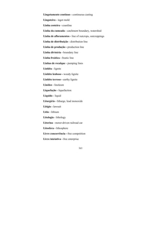 363
Lingotamento contínuo - continuous casting
Lingoteira - ingot mold
Linha costeira - coastline
Linha da cumeada - catchment boundary, watershed
Linha de afloramentos - line of outcrops, outcroppings
Linha de distribuição - distribution line
Linha de produção - production line
Linha divisória - boundary line
Linha freática - freatic line
Linhas de recalque - pumping lines
Linhita - lignite
Linhito lenhoso - woody lignite
Linhito terroso - earthy lignite
Linóleo - linoleum
Liquefação - liquefaction
Líquido - liquid
Litargírio - litharge, lead monoxide
Litígio - lawsuit
Lítio - lithium
Litologia - lithology
Litorina - motor-driven railroad car
Litosfera - lithosphere
Livre concorrência - free competition
Livre iniciativa - free enterprise
 