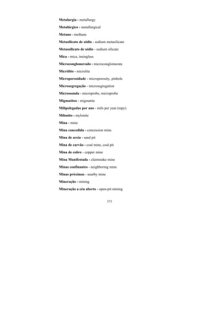373
Metalurgia - metallurgy
Metalúrgico - metallurgical
Metano - methane
Metasilicato de sódio - sodium metasilicate
Metassilicato de sódio - sodium silicate
Mica - mica, insinglass
Microconglomerado - microconglomerate
Micrólito - microlite
Microporosidade - microporosity, pinhole
Microsegregação - microsegregation
Microssonda - microprobe, microprobe
Migmatitos - migmatite
Milipolegadas por ano - mils per year (mpy)
Milonito - mylonite
Mina - mine
Mina concedida - concession mine
Mina de areia - sand pit
Mina de carvão - coal mine, coal pit
Mina de cobre - copper mine
Mina Manifestada - claimstake mine
Minas confinantes - neighboring mine
Minas próximas - nearby mine
Mineração - mining
Mineração a céu aberto - open-pit mining
 