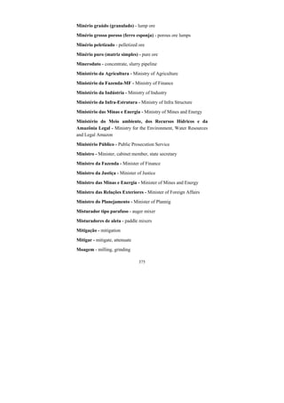 375
Minério graúdo (granulado) - lump ore
Minério grosso poroso (ferro esponja) - porous ore lumps
Minério peletizado - pelletized ore
Minério puro (matriz simples) - pure ore
Mineroduto - concentrate, slurry pipeline
Ministério da Agricultura - Ministry of Agriculture
Ministério da Fazenda-MF - Ministry of Finance
Ministério da Indústria - Ministry of Industry
Ministério da Infra-Estrutura - Ministry of Infra Structure
Ministério das Minas e Energia - Ministry of Mines and Energy
Ministério do Meio ambiente, dos Recursos Hídricos e da
Amazônia Legal - Ministry for the Environment, Water Resources
and Legal Amazon
Ministério Público - Public Prosecution Service
Ministro - Minister, cabinet member, state secretary
Ministro da Fazenda - Minister of Finance
Ministro da Justiça - Minister of Justice
Ministro das Minas e Energia - Minister of Mines and Energy
Ministro das Relações Exteriores - Minister of Foreign Affairs
Ministro do Planejamento - Minister of Plannig
Misturador tipo parafuso - auger mixer
Misturadores de aleta - paddle mixers
Mitigação - mitigation
Mitigar - mitigate, attenuate
Moagem - milling, grinding
 
